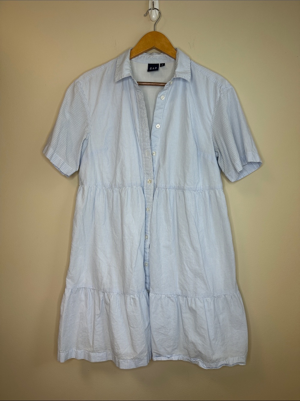 GAP Pale Blue & White Striped Tiered Button-Front Dress Size Medium Tall